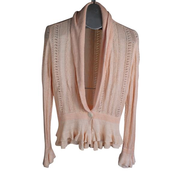 Ralph Lauren Linen Cardigan Womens Large Pink Ruffle Hem Romantic Cottagecore - Picture 1 of 6